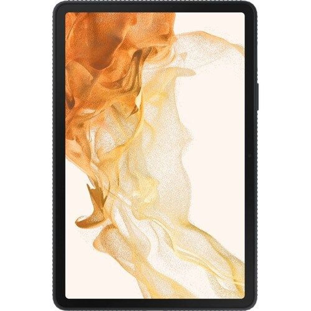 Black tablet case with front cover folded back, showing tablet screen