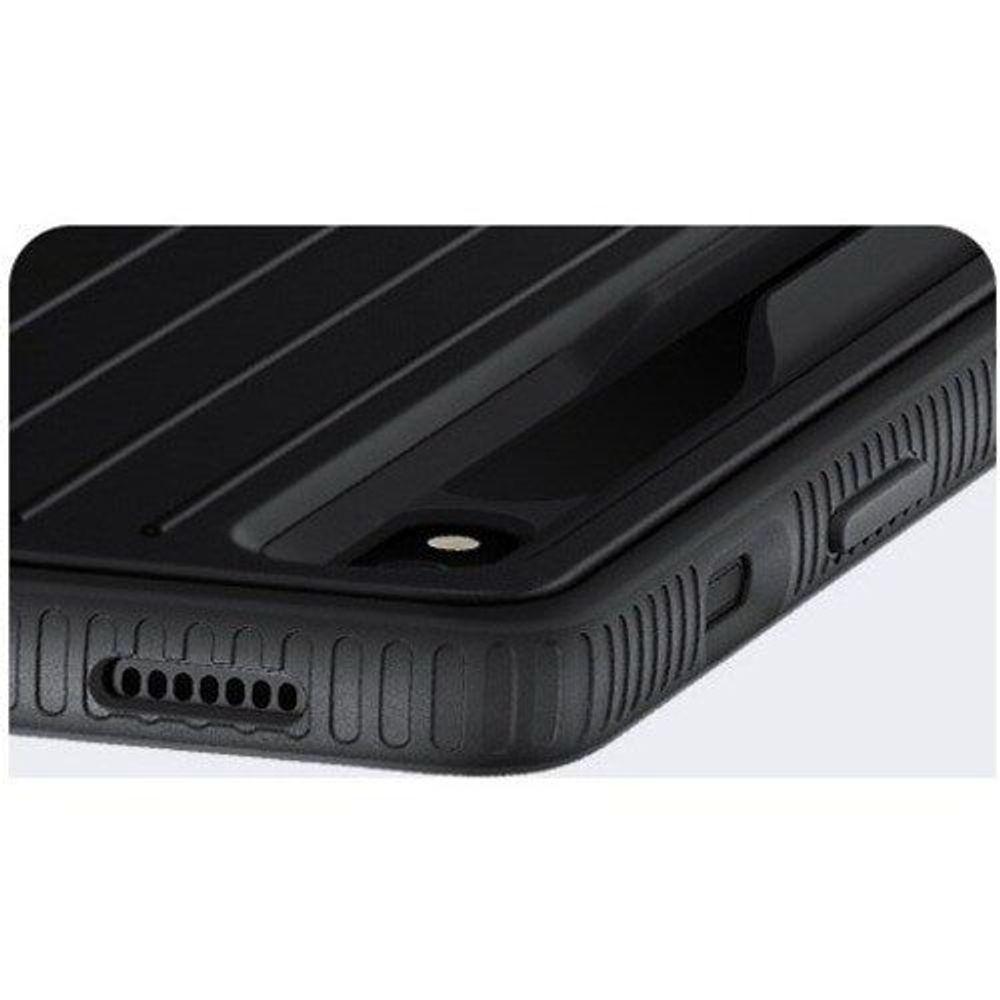 Black tablet case edge with textured grip, button cutouts, and speaker port
