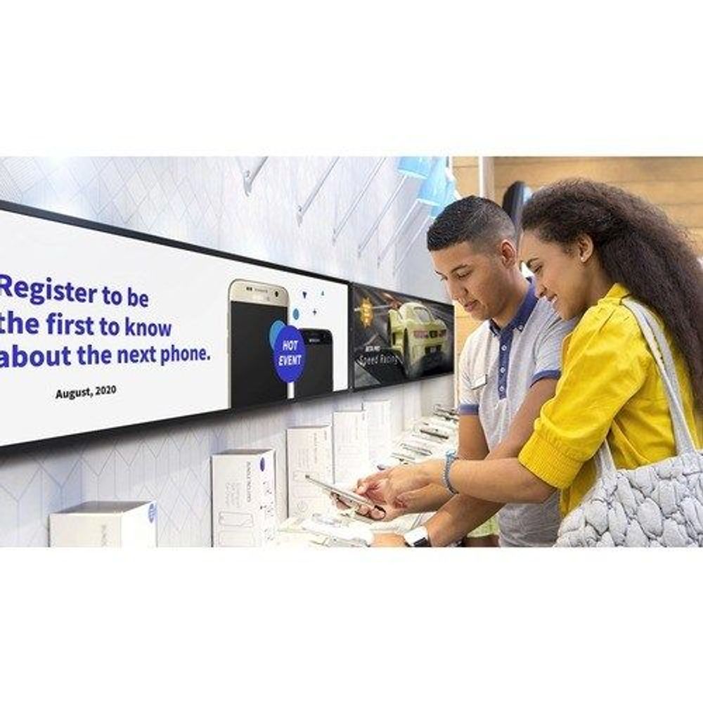 Samsung SHR-B stretch LCD display on a retail counter with promotional content