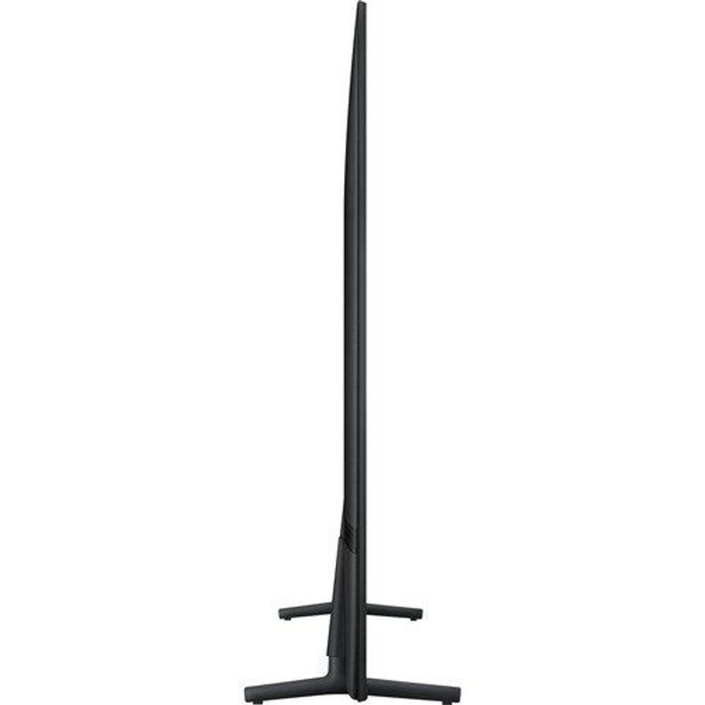 Black TV stand base and vertical edge view of a slim LED-LCD smart TV