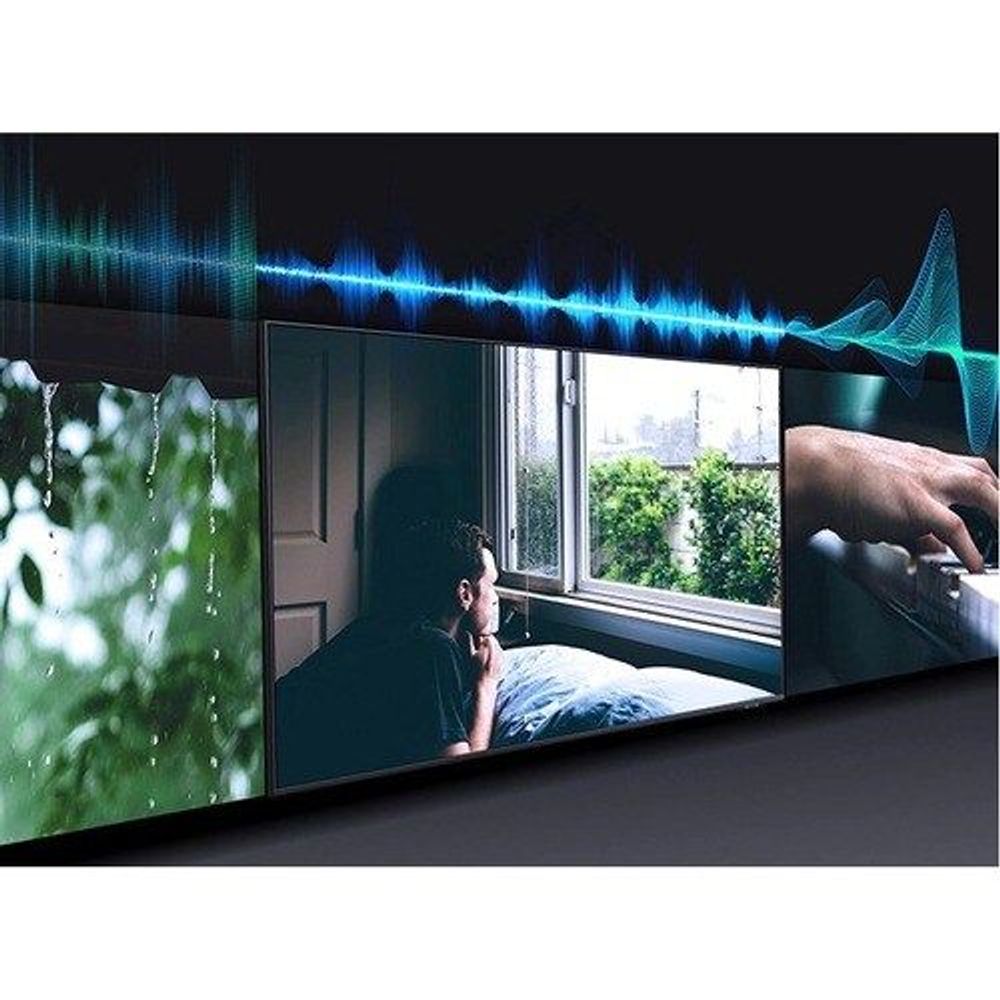 Black Samsung 75-inch Smart LED-LCD TV showing music waveform and video on screen