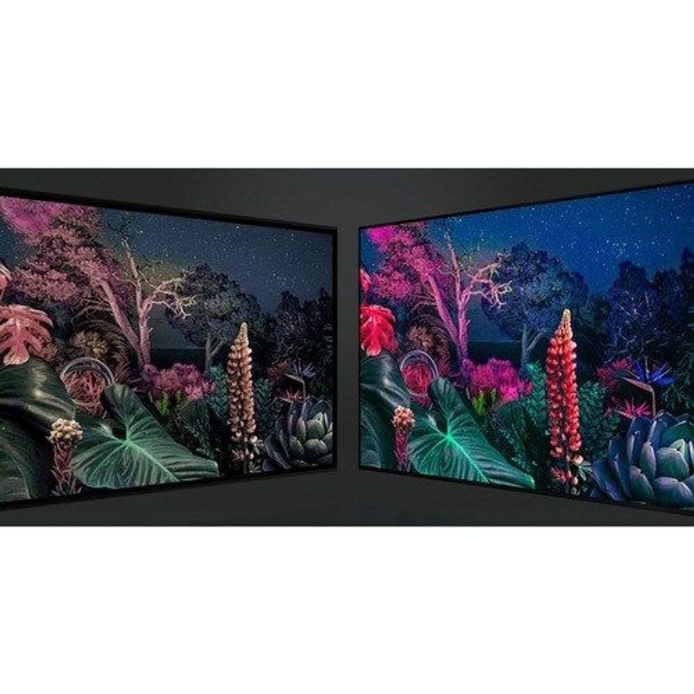 Black Samsung 75-inch Smart LED-LCD TV displaying two-panel neon garden scenes
