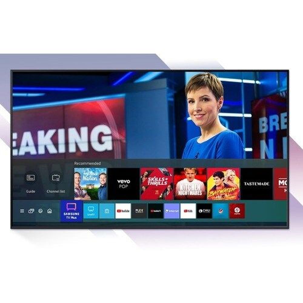 Samsung smart LED-LCD TV with slim black frame displaying a home screen menu on screen