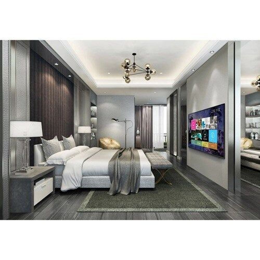 Black Samsung 75-inch Smart LED-LCD TV on wall, screen shows colorful menu