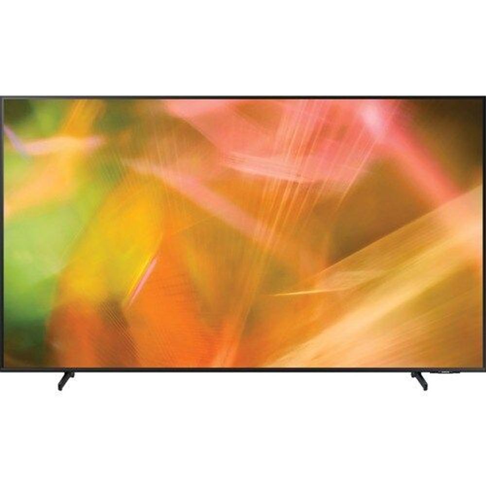 75-inch smart LED-LCD TV with slim black bezel and stand, showing colorful abstract display