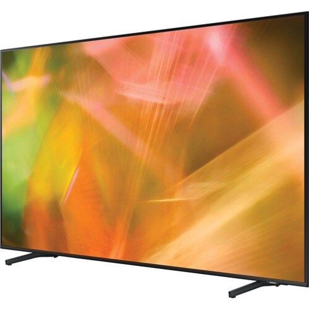 75-inch smart LED-LCD TV in black with slim bezel and two-legged stand, abstract color display