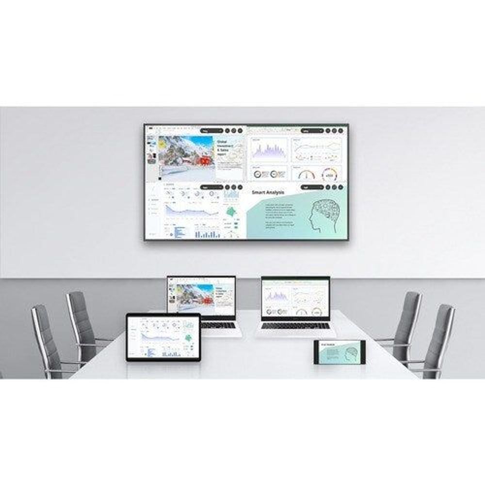 Samsung QB50B 50-inch LCD digital signage display, black bezel, showing analytics dashboard