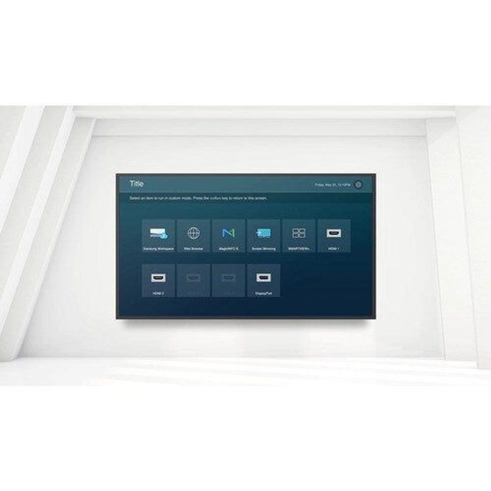 Samsung QB50B 50-inch LCD digital signage display, black bezel, showing dark menu interface