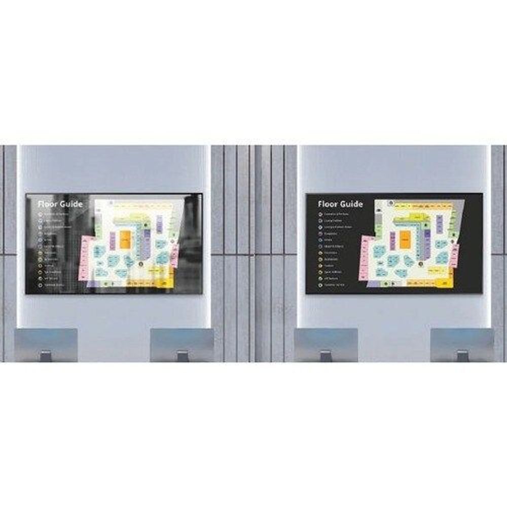 Wall-mounted professional LCD display showing floor guide maps and menu
