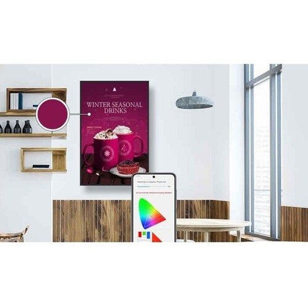 Samsung 65-inch professional LCD display showing promotional slide and app screen