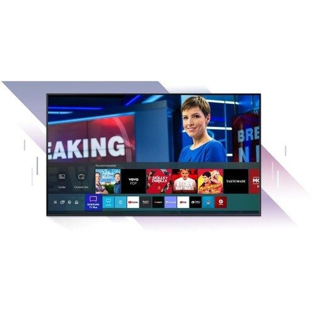 Samsung 43-inch smart LED-LCD TV showing a woman on-screen and app icons along the bottom.