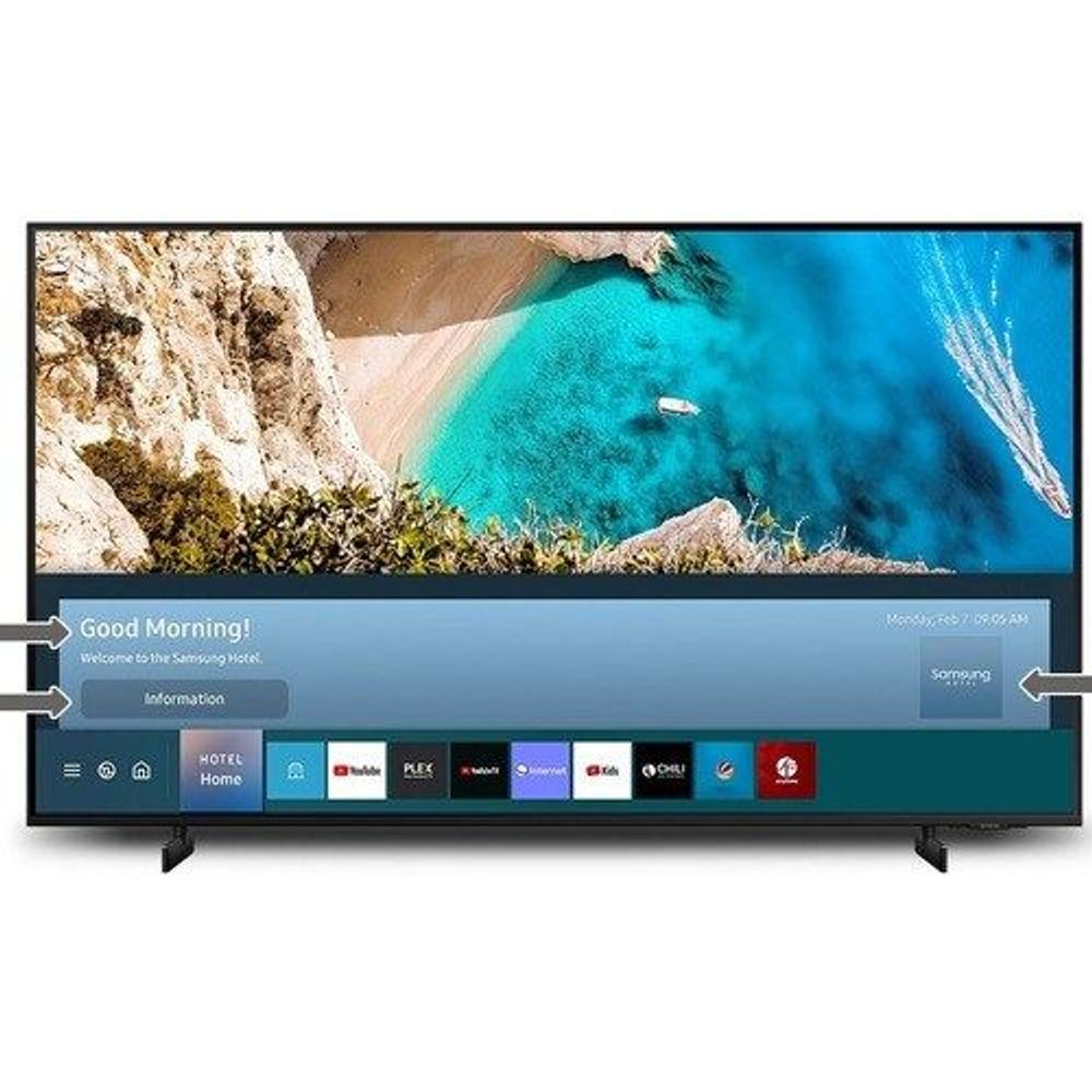 Samsung 43-inch Smart LED TV showing home screen with app icons bar