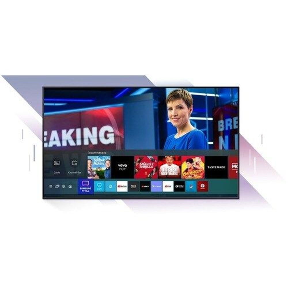 Black Samsung 50-inch smart LED-LCD TV displaying video thumbnail and app bar