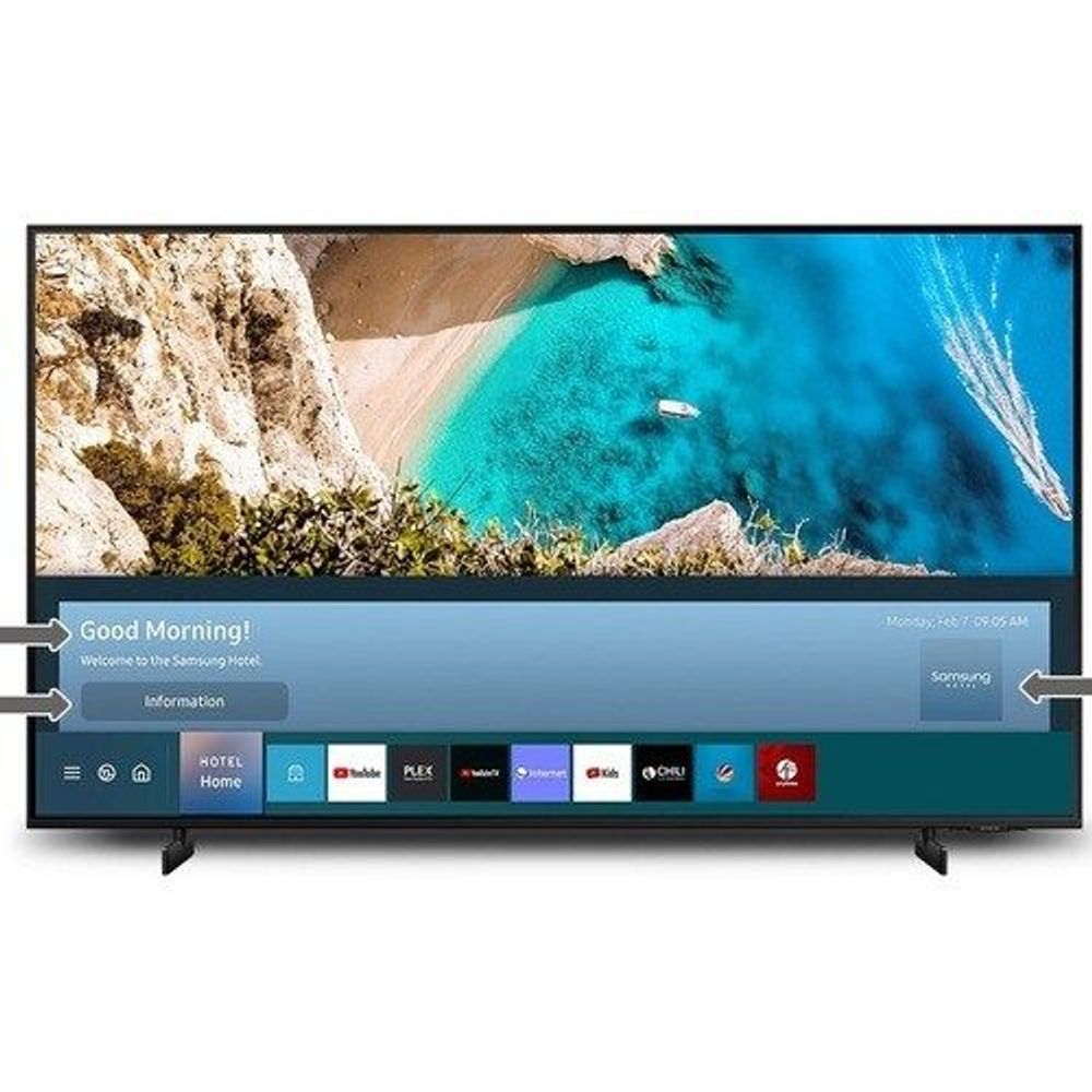 Black Samsung 50-inch smart LED-LCD TV showing welcome screen and app bar