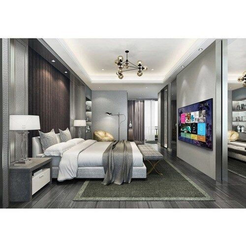 Samsung 55-inch Smart LED-LCD TV in bedroom setting, black bezel visible.