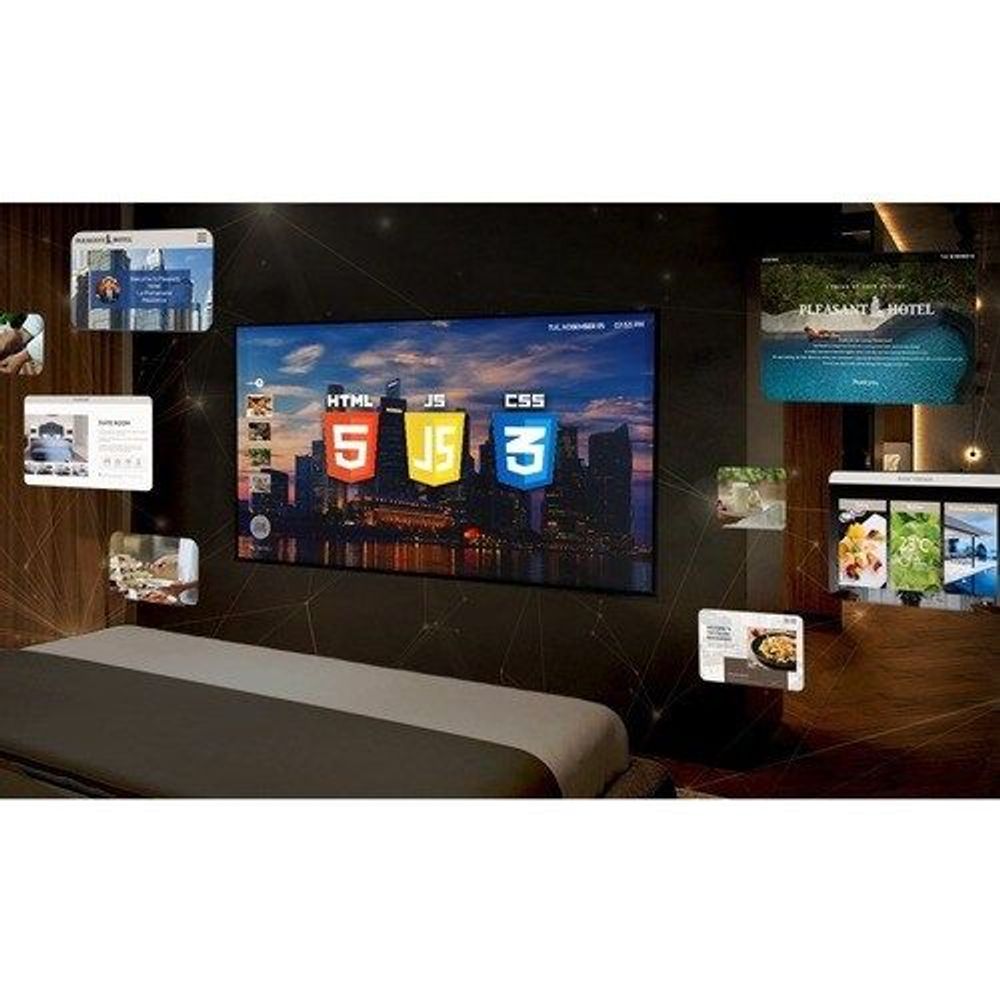 Samsung 55-inch Smart LED-LCD TV showing hotel-style content, black TV frame.