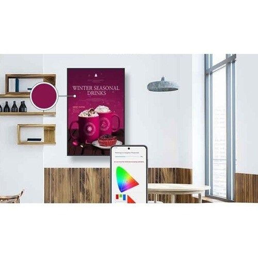 Samsung QHB professional display with phone and colorful screen app interface