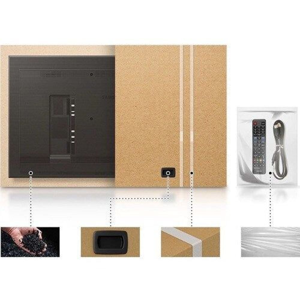 65-inch professional LCD display back view with accessories shown beside it