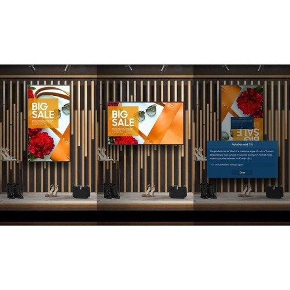65-inch professional LCD display installed on a wall above retail signage
