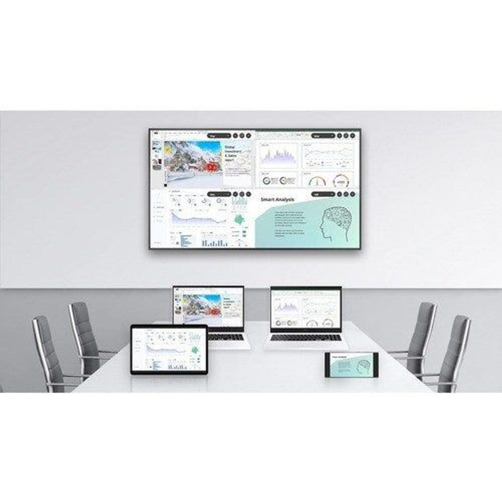 65-inch professional LCD display in a meeting room displaying analytics dashboards
