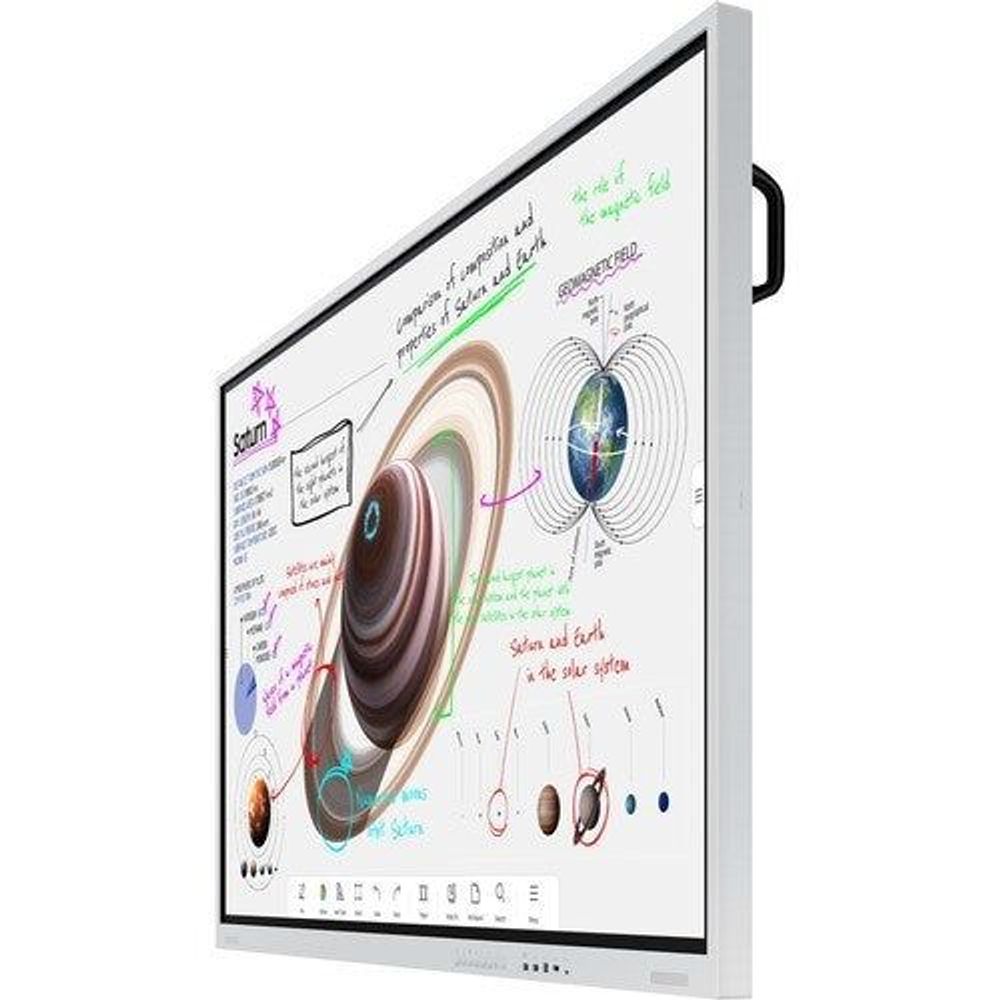 Samsung 85-inch interactive display angled view with science graphic on white screen