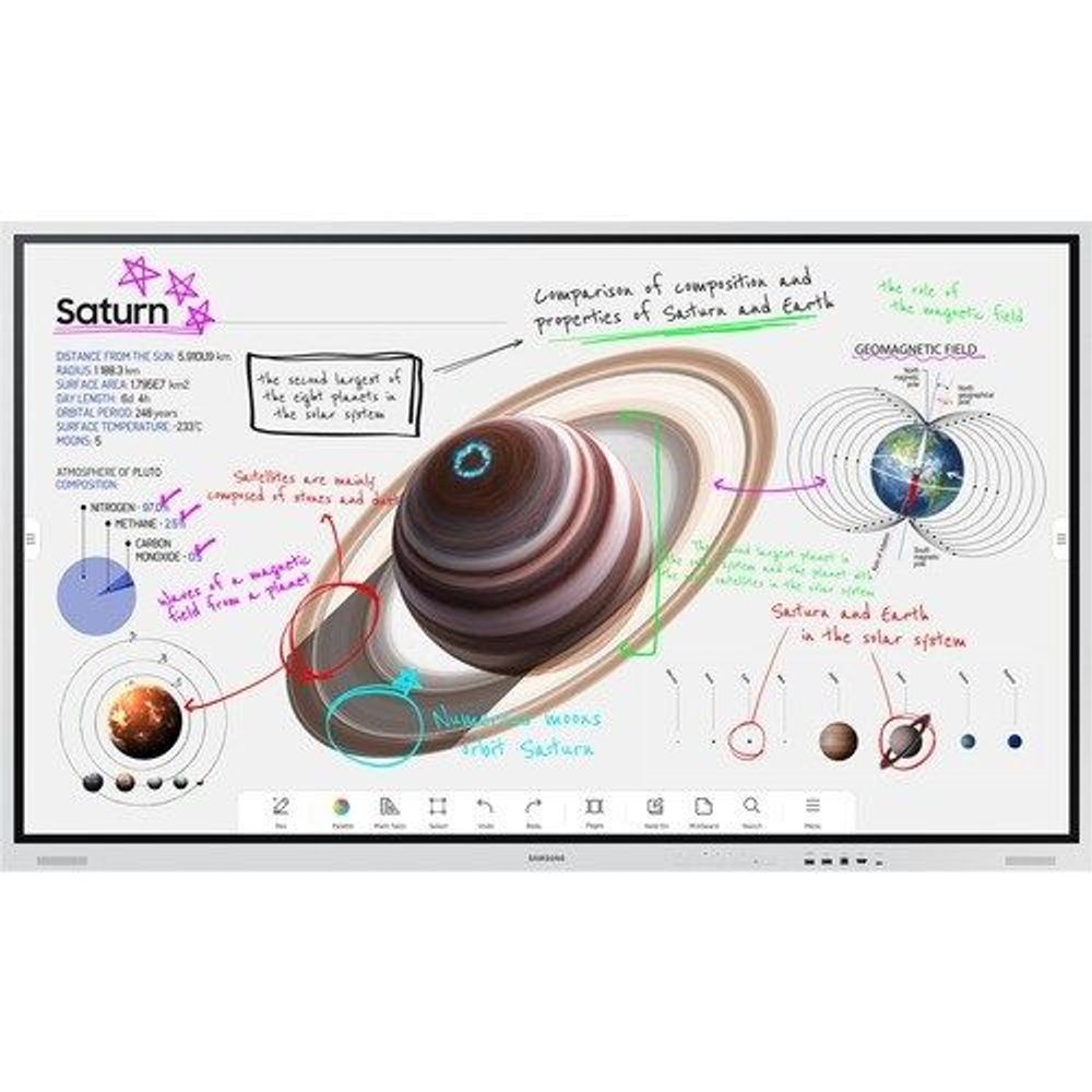 Samsung 85-inch interactive display showing space science diagram with icons