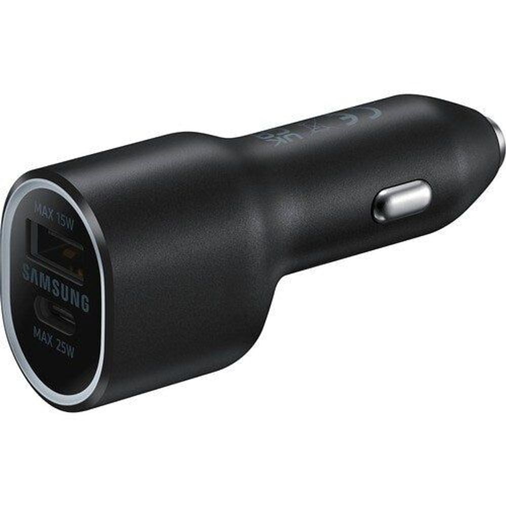 Samsung dual-port car charger, black, angled view with silver indicator button
