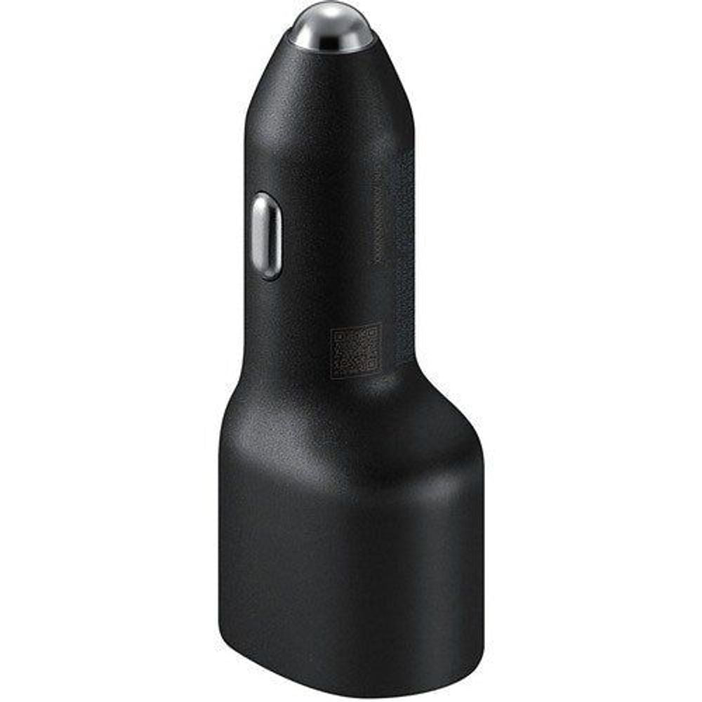 Samsung dual-port car charger, black, rear view with embossed badge