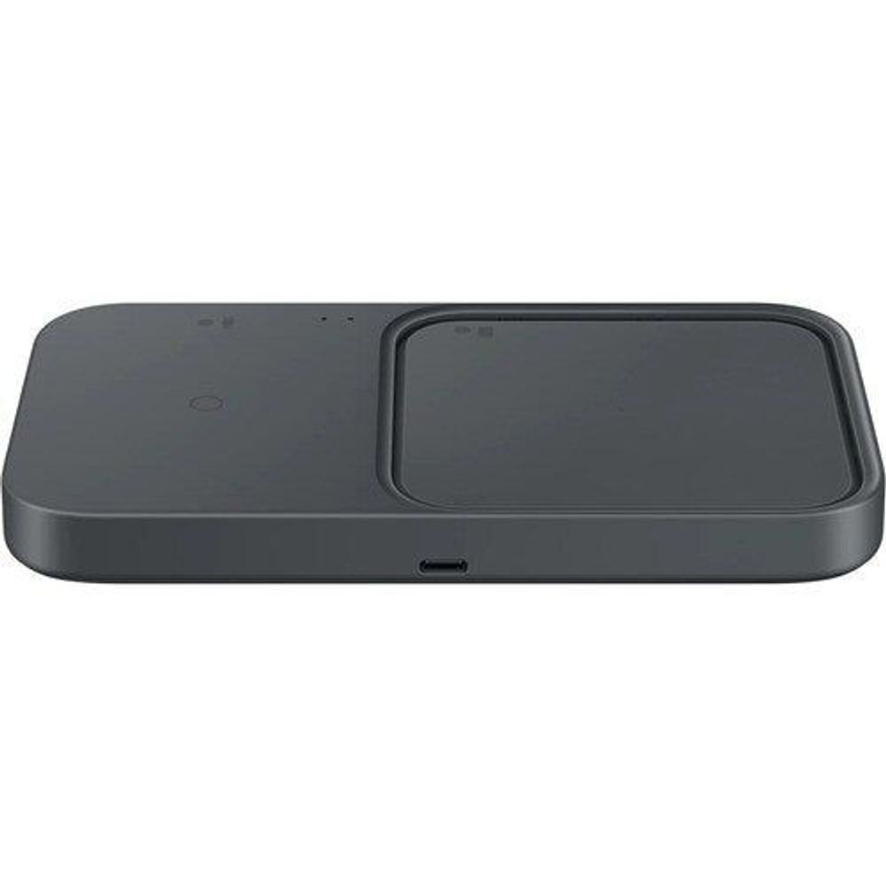 Wireless charging dock side view with USB port and two dark gray pads.