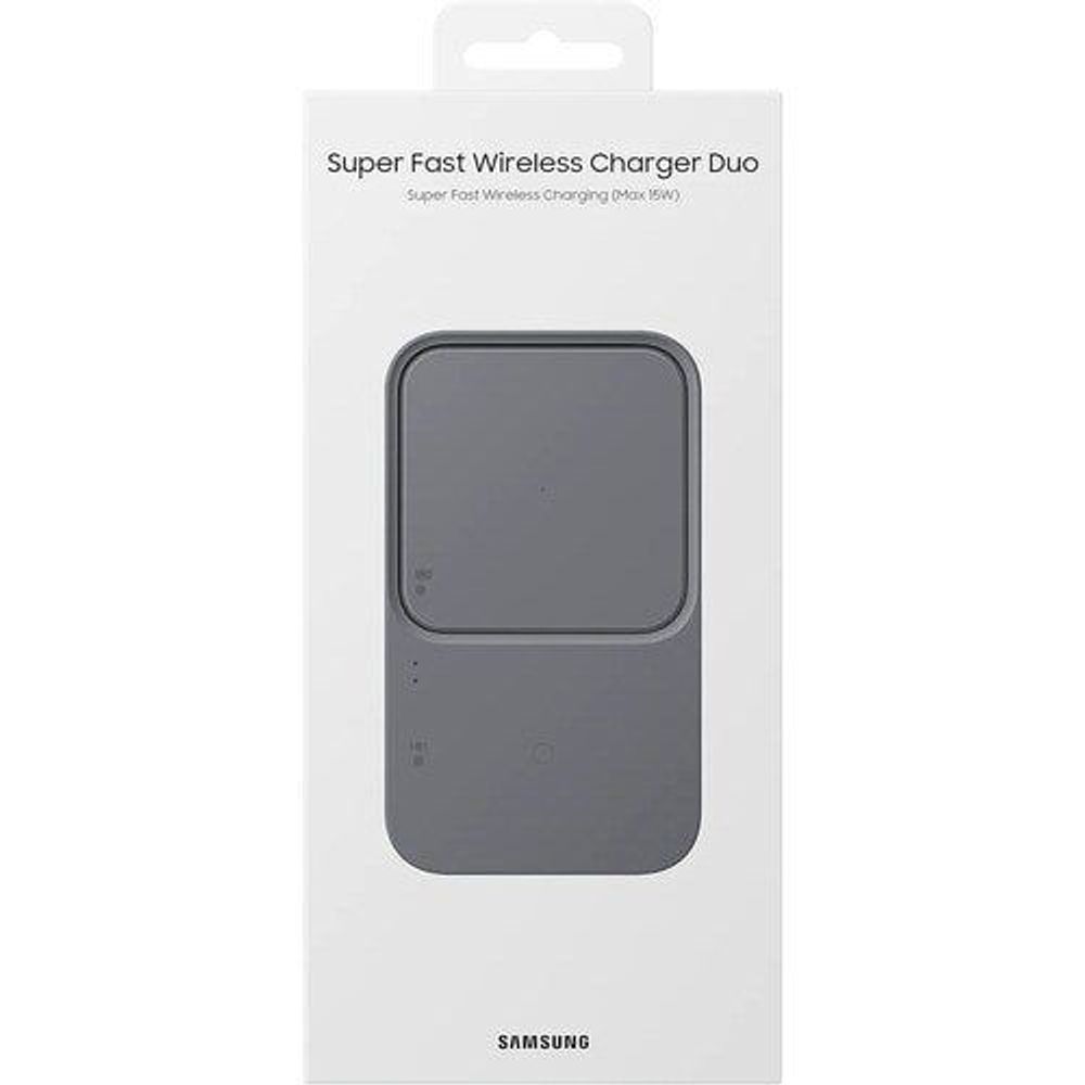 Samsung retail box for Super Fast Wireless Charger Duo wireless charging dock.