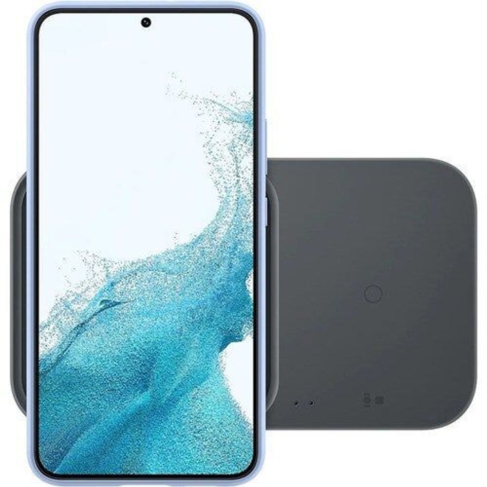 Wireless charging dock with phone placed on one dark charging pad.