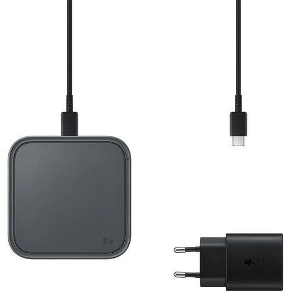 Wireless charger dock with charging cable and AC adapter, dark gray.