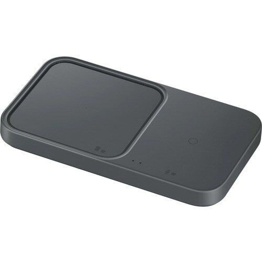 Wireless charging dock viewed from an angle, dual charging pads on dark base.