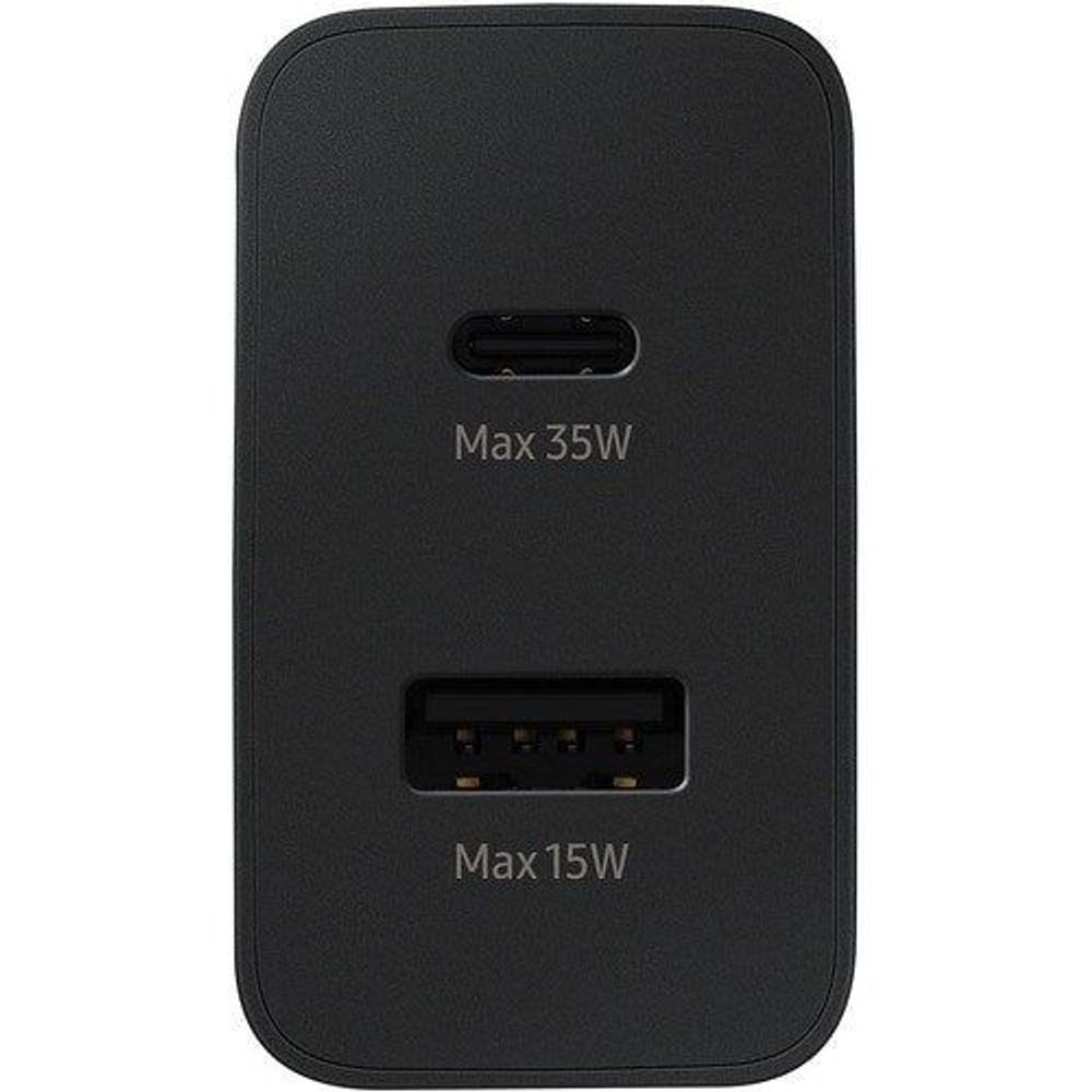 Black power adapter back view with Max 35W and Max 15W output ports