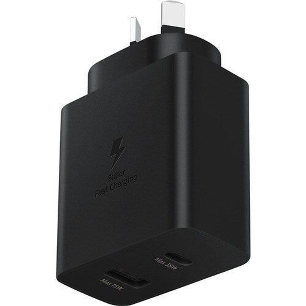 Black dual-port power adapter showing Max 35W and Max 15W near the bottom ports