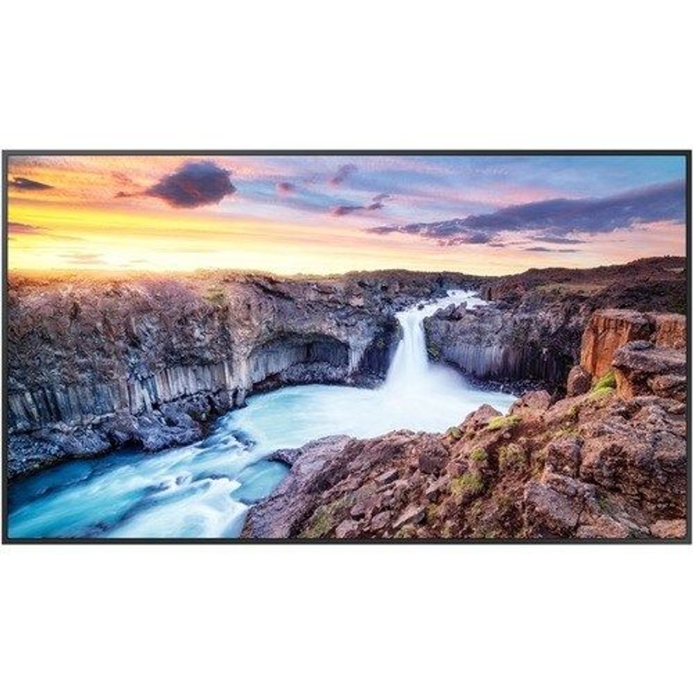 Samsung 55-inch LCD digital signage display front view with landscape image, black bezel.