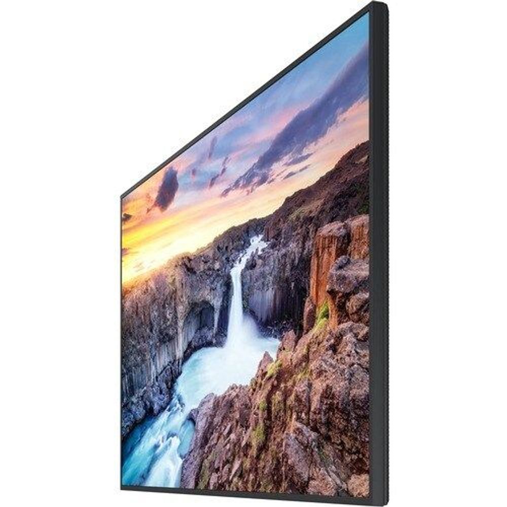 Samsung 55-inch LCD digital signage display angled view with landscape image, black bezel.
