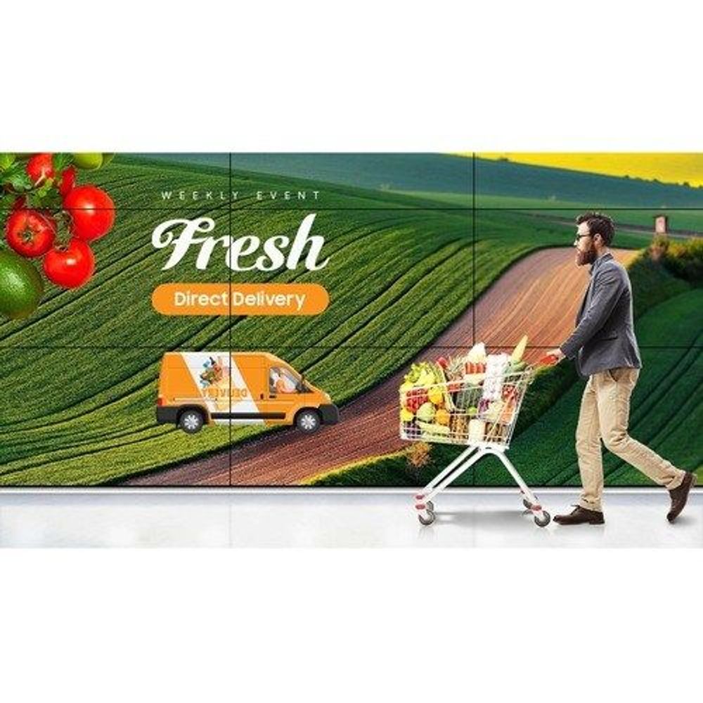 46-inch digital signage LCD display showing farm fields “Fresh” promotional graphic