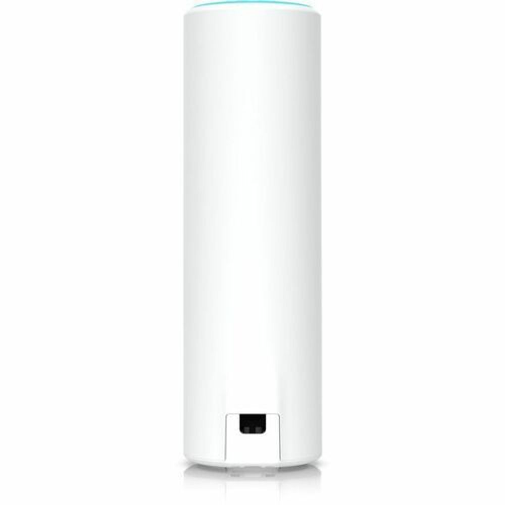 Side view of white Ubiquiti access point showing front port opening and blue ring.