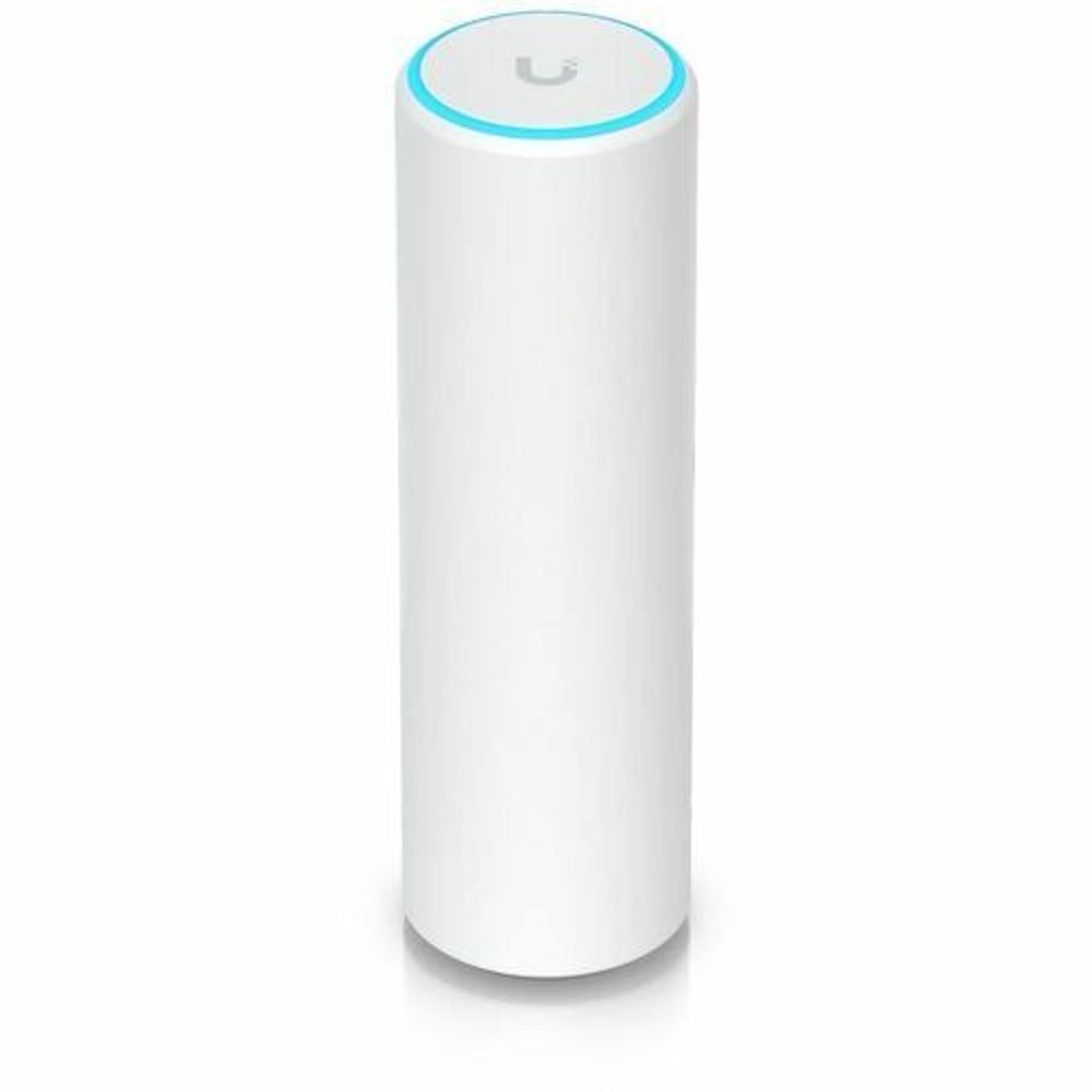 White cylindrical Ubiquiti access point with blue LED ring on top, front view.