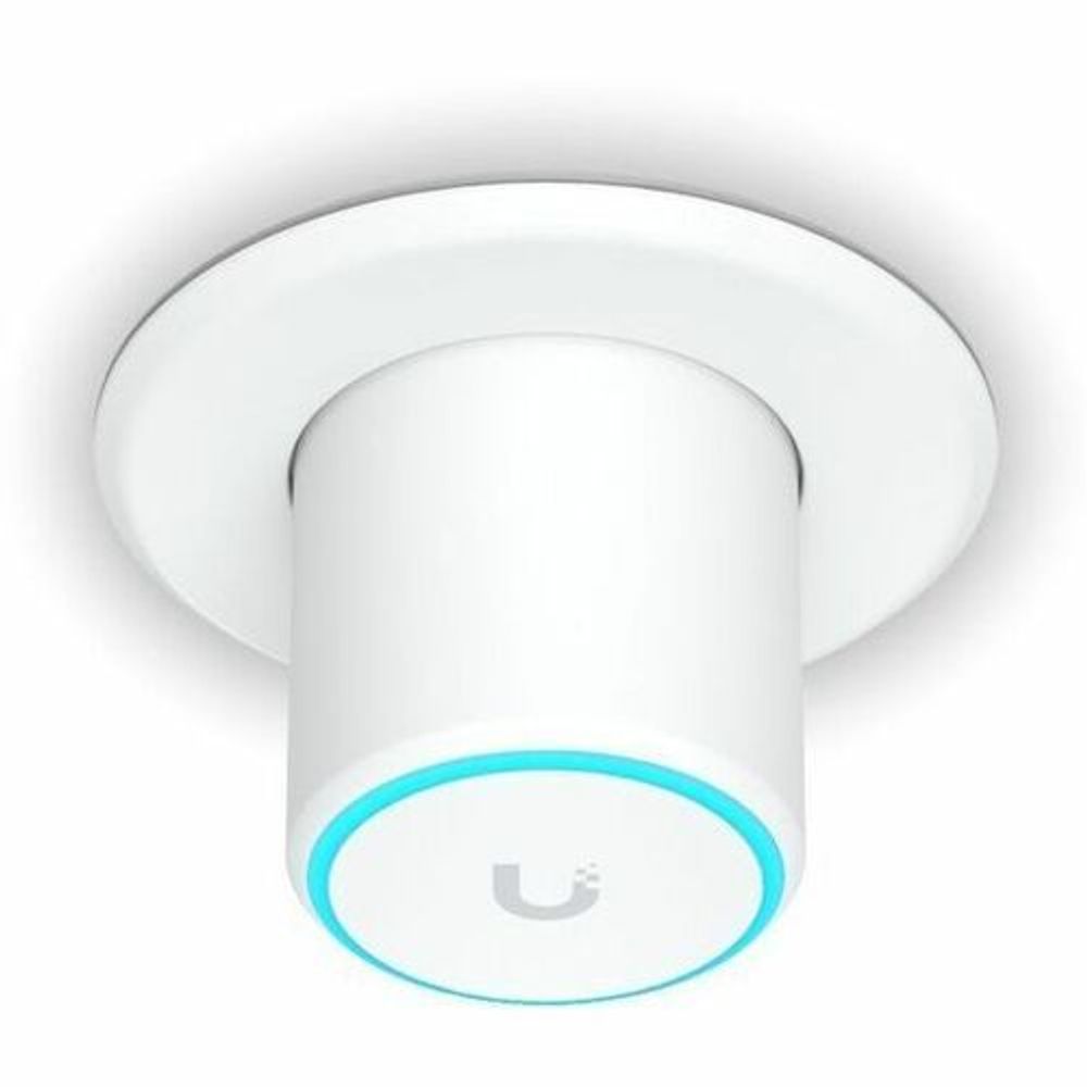 Top view of white cylindrical Ubiquiti access point with blue LED ring and U logo.