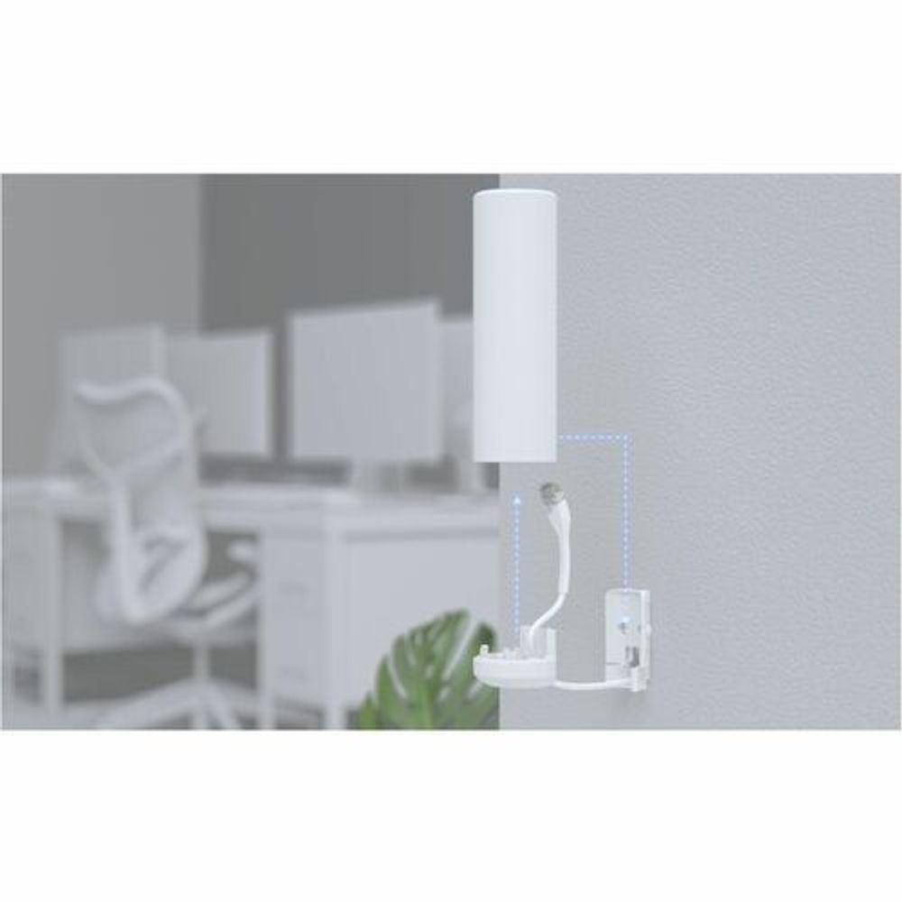 White cylindrical Ubiquiti access point with mounting bracket and Ethernet port underside.