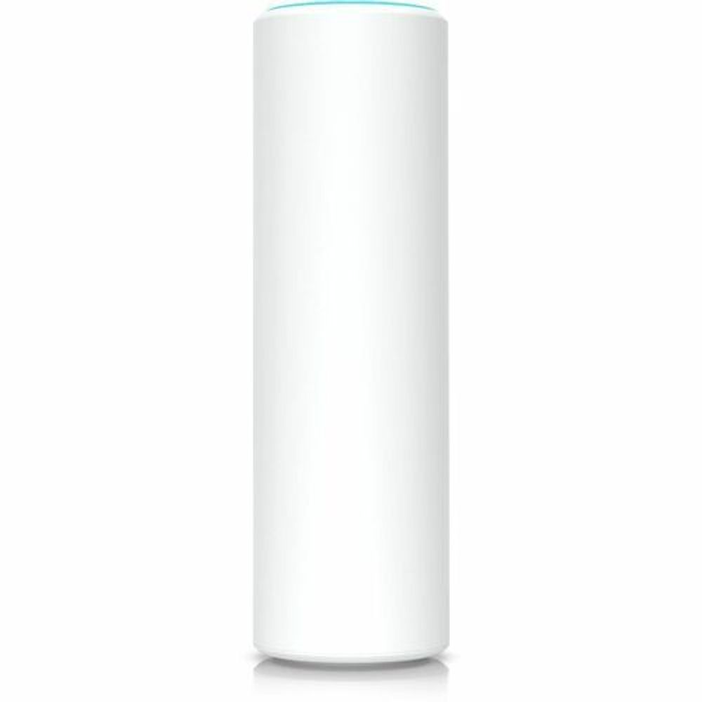 Back view of white cylindrical Ubiquiti access point with blue LED ring outline.