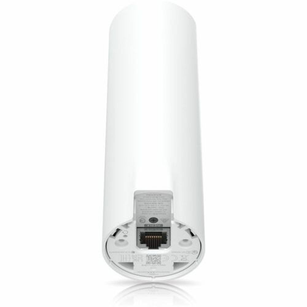 Bottom view of white Ubiquiti access point showing Ethernet port and mounting base.