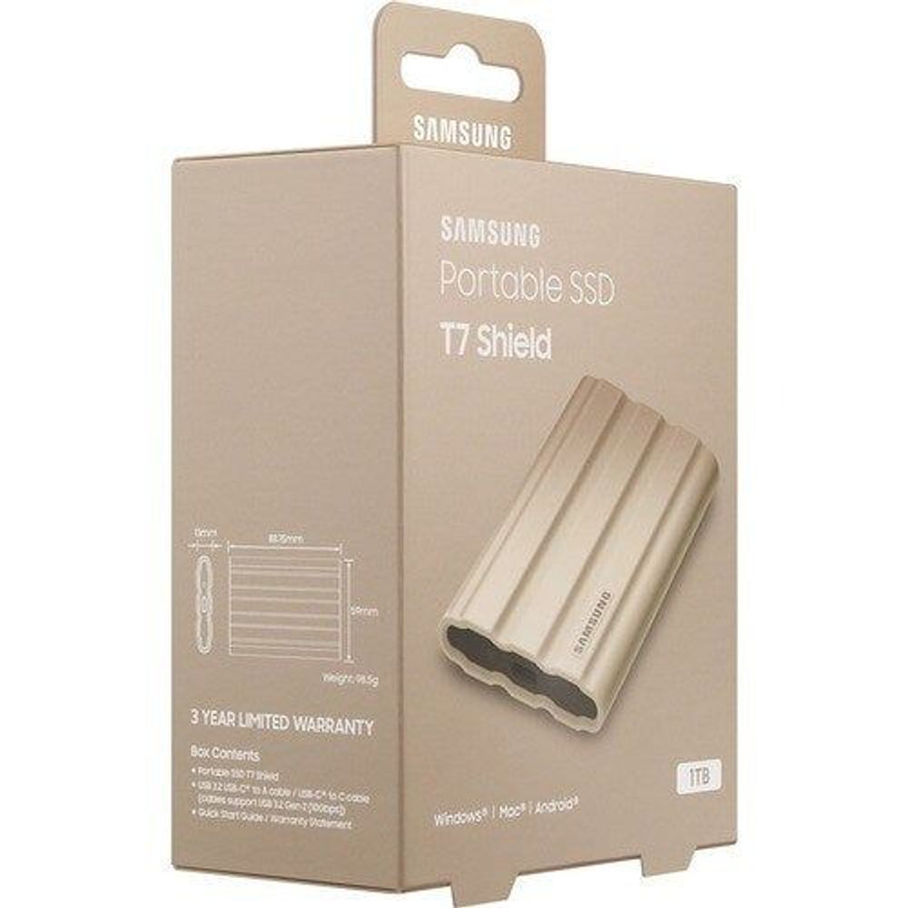 Samsung Portable SSD T7 Shield 1TB retail box with product image and warranty info