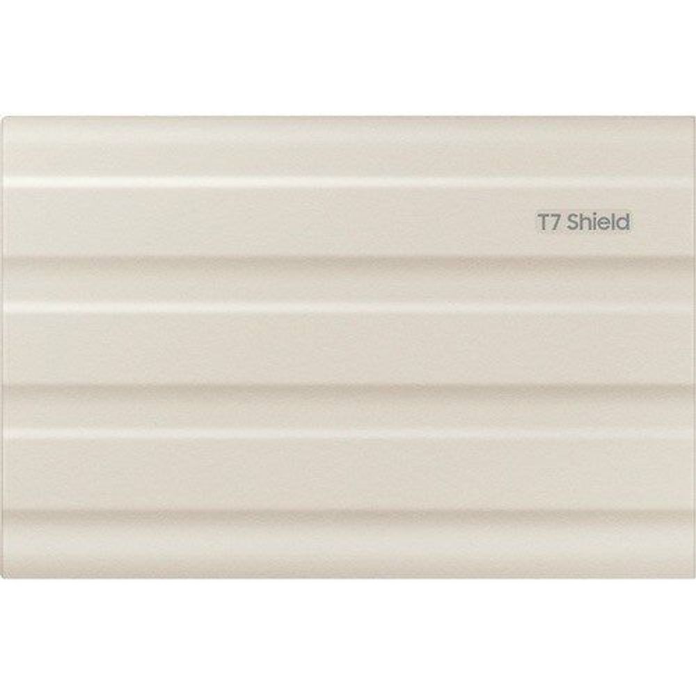 Light beige portable SSD with T7 Shield branding on the back