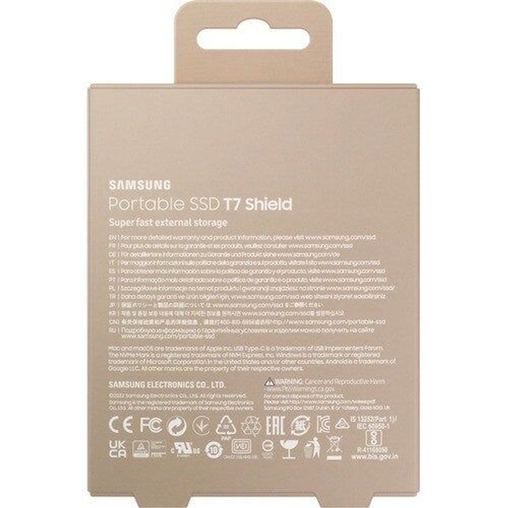 Samsung T7 Shield 1TB portable SSD retail box back with specifications text
