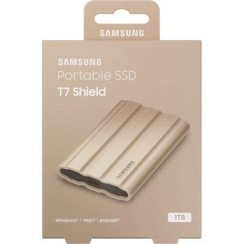 Samsung T7 Shield 1TB portable SSD retail box with device photo
