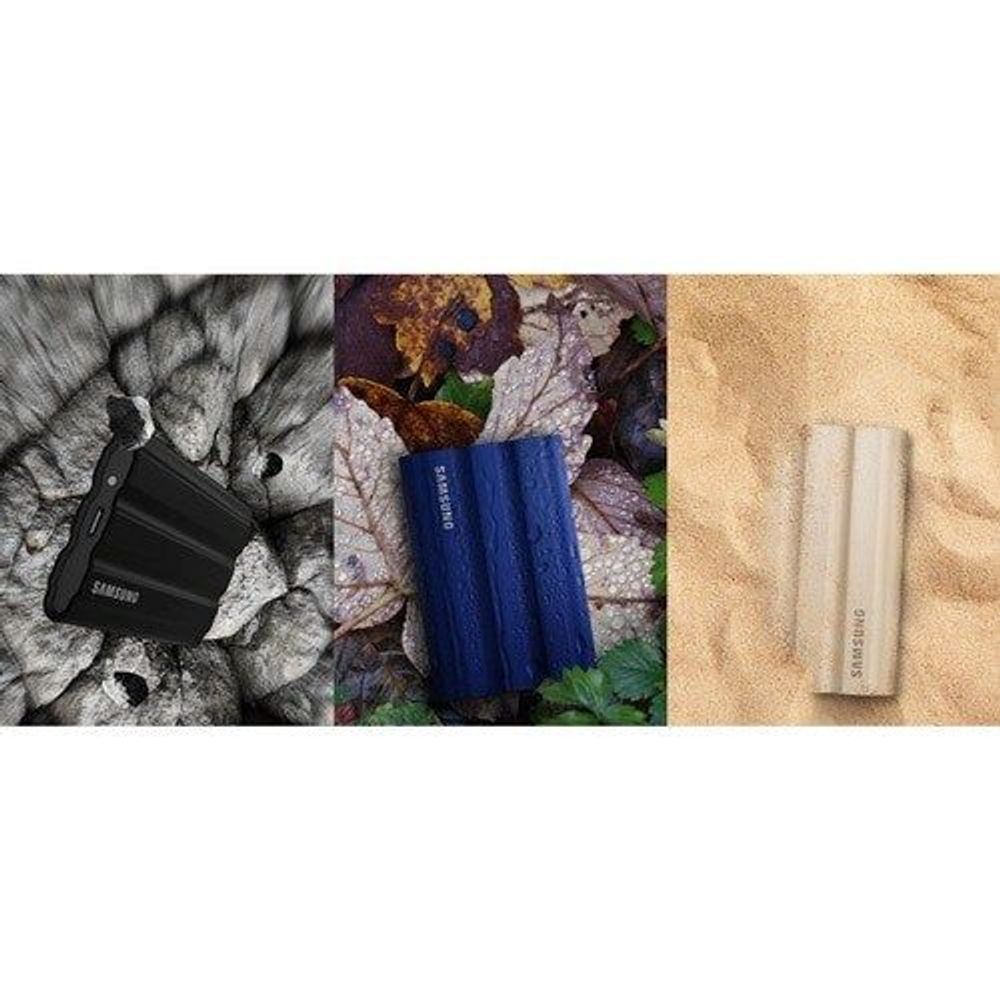 Rugged portable SSD shown in light and dark colors on surfaces