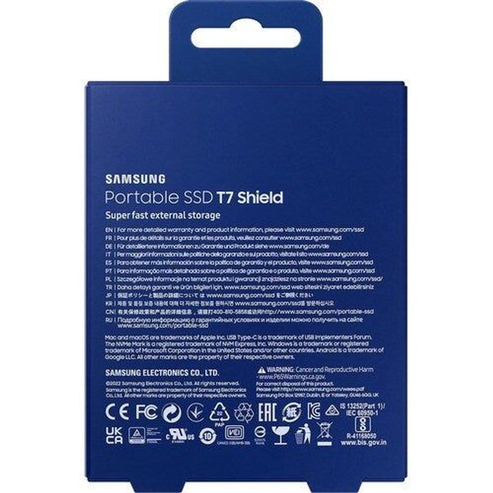 Samsung Portable SSD T7 Shield box back with specifications and icons
